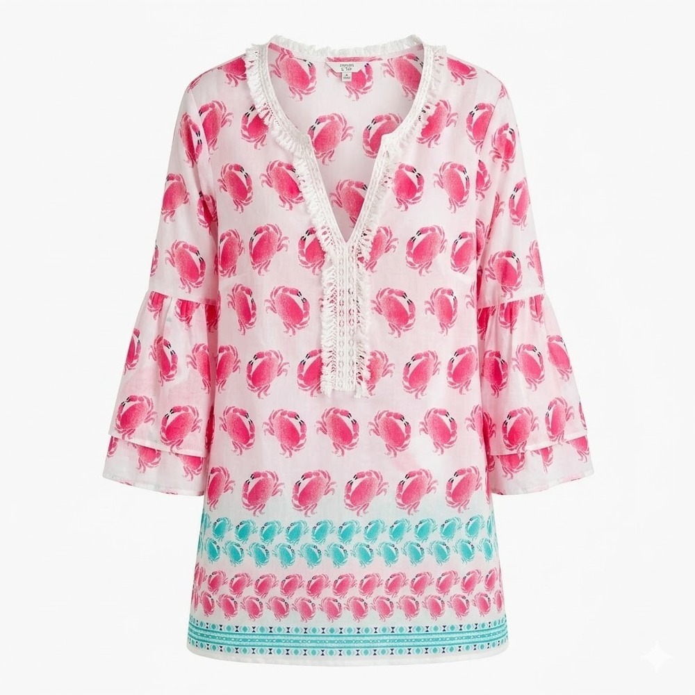 NEW Crown & Ivy‎ MEDIUM Montauk Weekend Crab Print Tunic Blouse Pink White